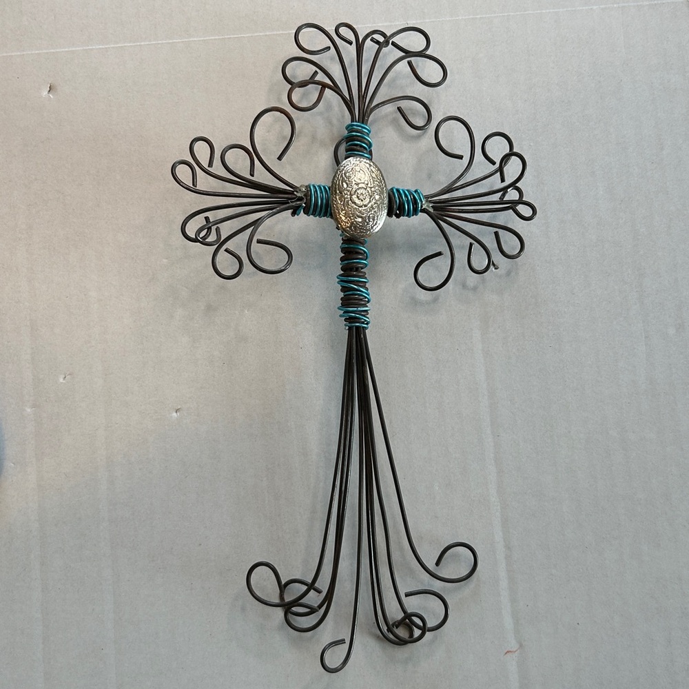 Cross Metal Brown & Blue Wire Wrapped. Silver Concho in the Middle Wall Hanging